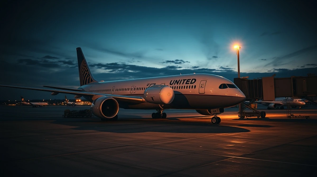 A United Airlines plane parked at a gate as flight schedules are reduced.