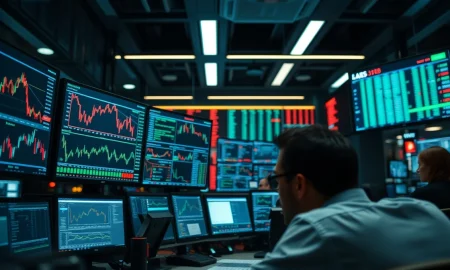 A trader's monitor displays complex stock charts and financial data feeds.