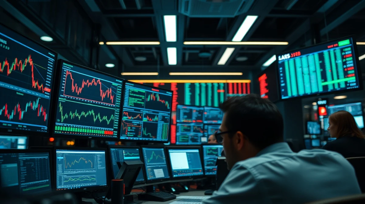 A trader's monitor displays complex stock charts and financial data feeds.