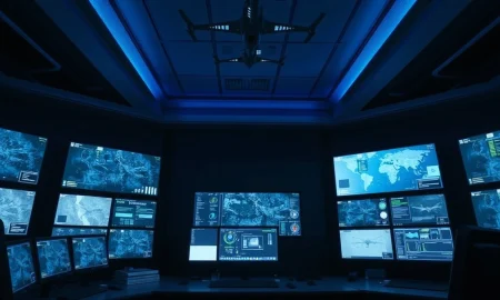 Modern military command center with digital screens representing Anduril's defense technology.