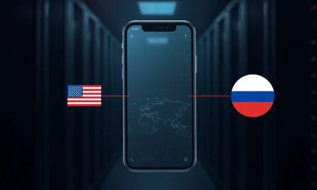 Fragmented iPhone screen symbolizing hacking tools from a U.S. contractor used by Russian spies in Ukraine.