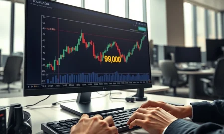 Professional trader analyzing the US Dollar Index chart holding near the 99.00 level on a financial monitor.