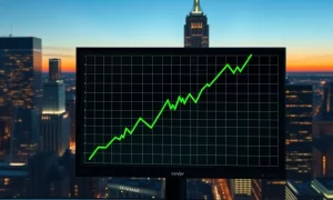 Graph showing a sharp rise in the US economic freedom index against a cityscape backdrop.