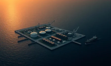 Aerial view of Kharg Island oil terminal facilities in the Persian Gulf.