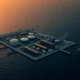 Aerial view of Kharg Island oil terminal facilities in the Persian Gulf.