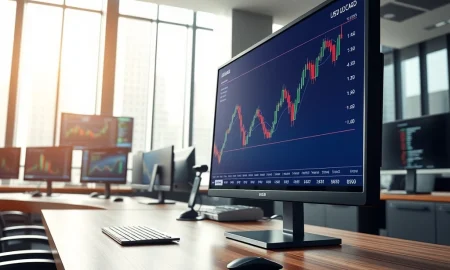 USD/CAD currency pair analysis on trading desk monitor ahead of US Non-Farm Payrolls data release.