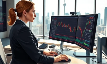 Trader analyzes USD/CAD chart showing Canadian dollar strength approaching 1.35 level on Toronto trading desk