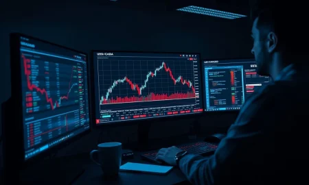 Forex trading chart showing the USD/CAD currency pair rising sharply on a monitor.