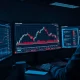 Forex trading chart showing the USD/CAD currency pair rising sharply on a monitor.
