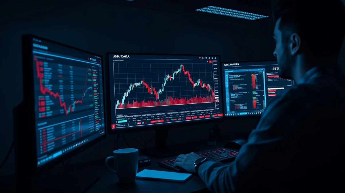 Forex trading chart showing the USD/CAD currency pair rising sharply on a monitor.
