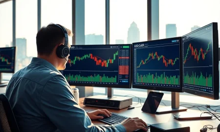 Trader monitors USD/CAD and WTI crude oil prices on trading desk as Canadian Dollar faces pressure
