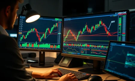A trader monitors a USD/CHF forex chart on a financial terminal.