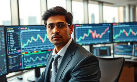Financial analyst monitoring USD/INR exchange rate charts as the Indian rupee holds steady against a weakening US dollar.