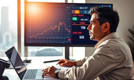 Forex trader in Mumbai analyzes USD/INR charts ahead of US Non-Farm Payrolls data release on March 6, 2026.