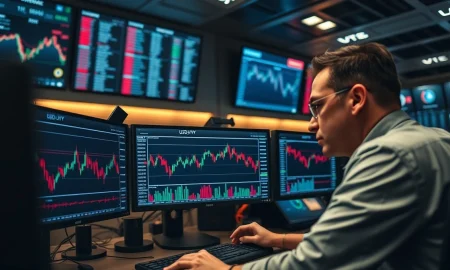 A trader monitors USD/JPY forex charts ahead of central bank policy meetings.