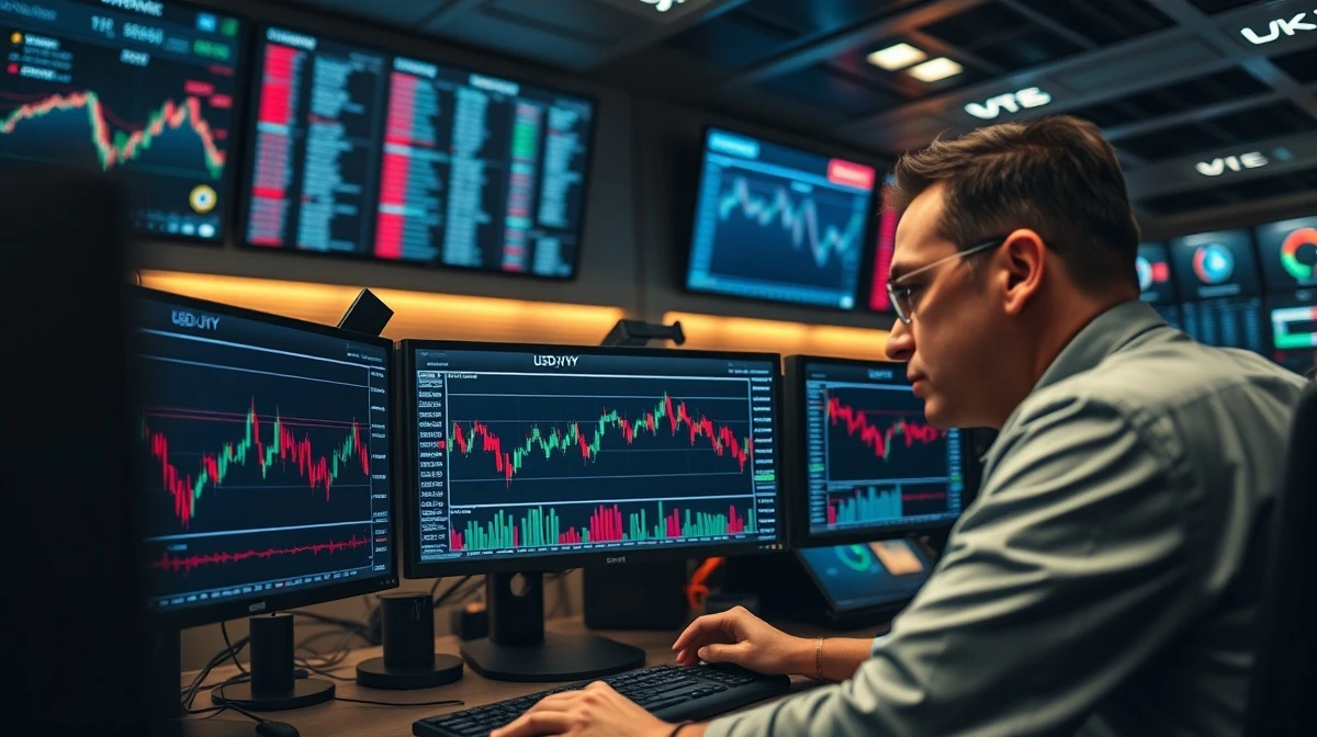 A trader monitors USD/JPY forex charts ahead of central bank policy meetings.