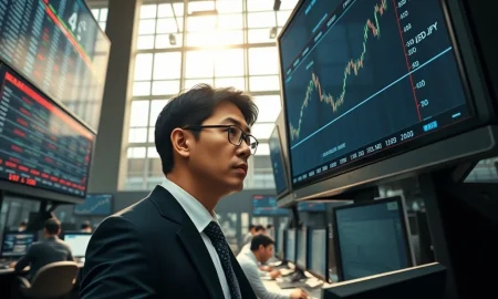 Trader monitors USD/JPY price climbing on Tokyo trading floor as safe-haven Dollar gains.