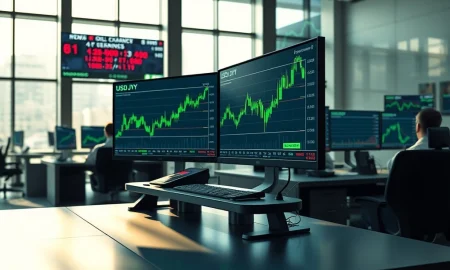 USD/JPY forex chart rising on trading desk amid oil supply crisis news