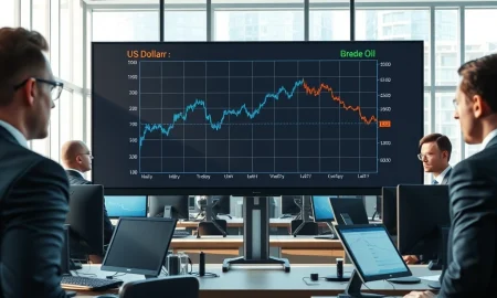 Analysis of US Dollar Index and crude oil price correlation on a trading floor display as risk premium fades.