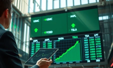 Financial analyst monitors trading board showing USMC ETF and major tech stock tickers surging.