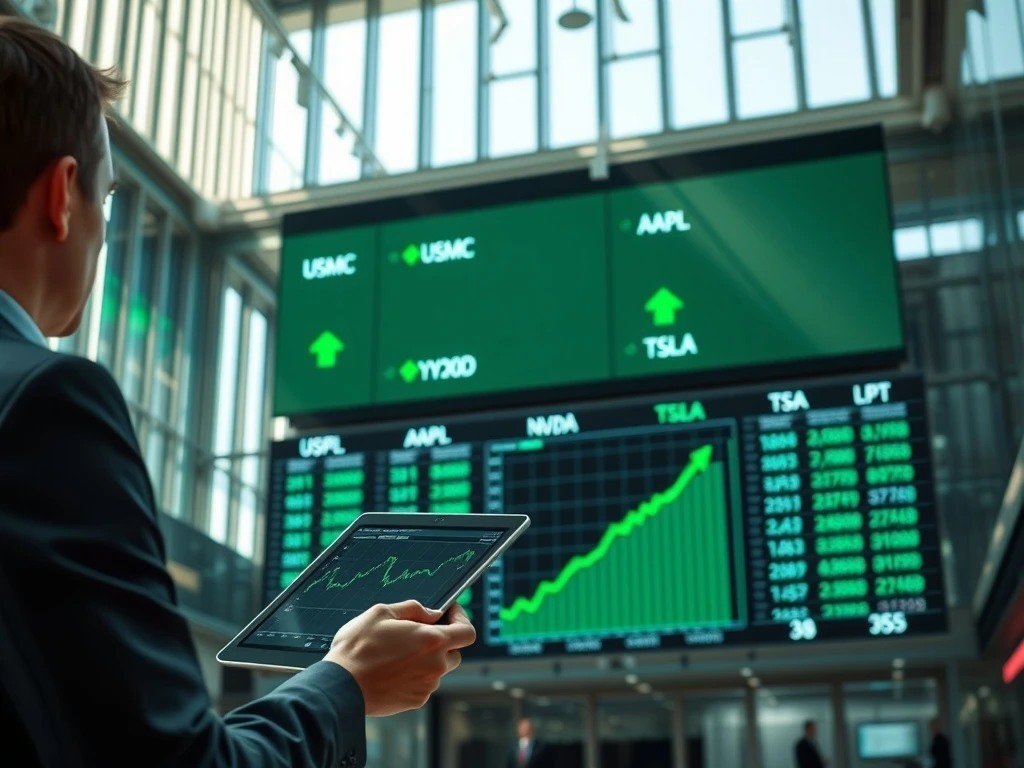 Financial analyst monitors trading board showing USMC ETF and major tech stock tickers surging.