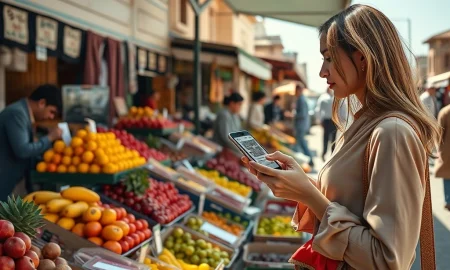 Uzum valuation surge reflects Uzbekistan's booming digital economy as a woman uses a smartphone in a Tashkent market.