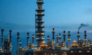 Valero Energy oil refinery at dusk illustrating the industrial context of VLO stock performance.