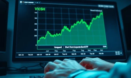 Analysis of VCSH ETF inflows showing a rising chart on a trading desk monitor, representing the $549 million surge into the Vanguard Short-Term Corporate Bond ETF.