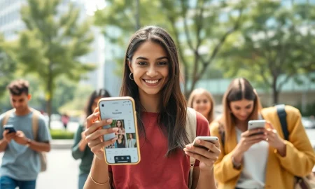 Young adults using smartphones for fashion shopping, representing VSCO's digital transformation success with Gen Z consumers.