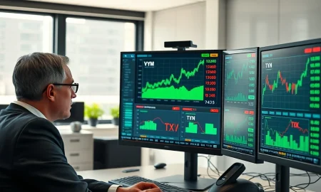 Financial analyst monitoring VYM ETF and component stocks MCD TXN T on trading desk displays