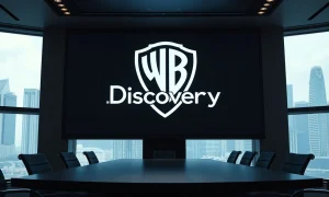 Warner Bros Discovery logo in a corporate setting with Singapore skyline.