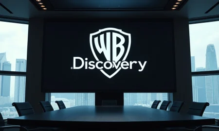 Warner Bros Discovery logo in a corporate setting with Singapore skyline.