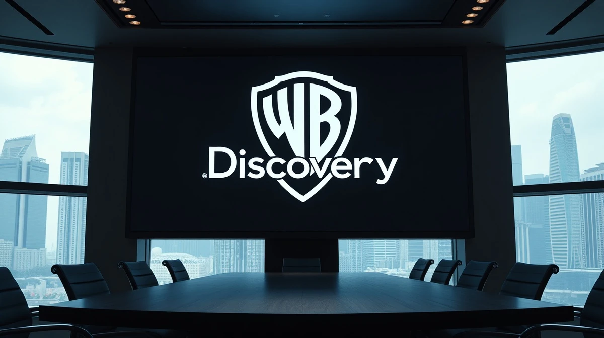Warner Bros Discovery logo in a corporate setting with Singapore skyline.