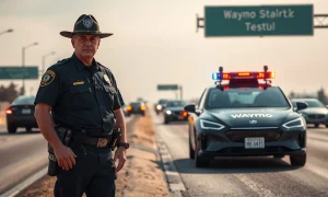 A police officer interacts with a Waymo self-driving car on a highway shoulder.