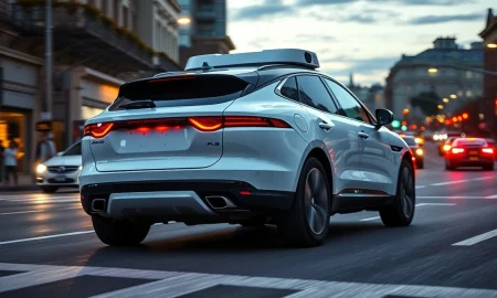 A Waymo autonomous vehicle drives on a city street as robotaxi ridership reaches 500,000 weekly trips.