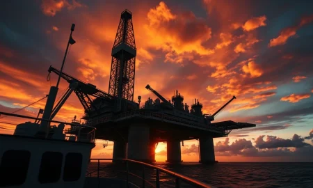 Offshore drilling rig at sunset, representing Weatherford International's core market.