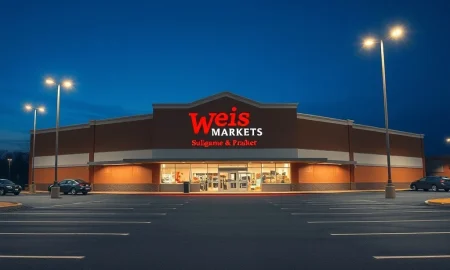 Weis Markets supermarket exterior at dusk, representing the company's stock entering oversold territory in March 2026.