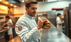 Wendy's Chief Tasting Officer contest finalist evaluating food in a professional kitchen setting.