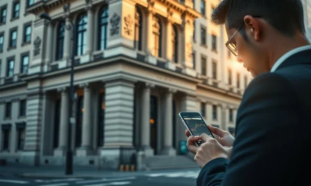 A person analyzes financial data on a smartphone outside a bank building, representing investment research.