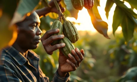 Cocoa pods on a tree in West Africa with farmer inspection.