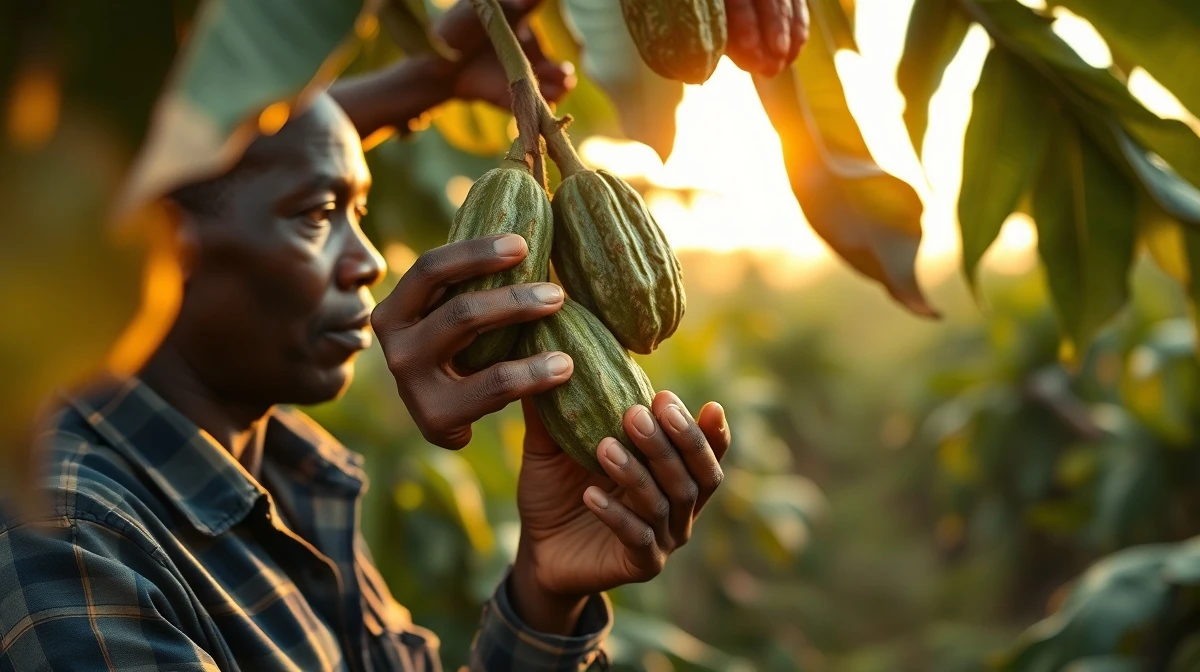 Cocoa pods on a tree in West Africa with farmer inspection.