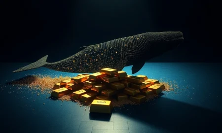 Digital blockchain whale moving away from dissolving gold bars, representing the $40M Tether Gold and PAXG sell-off.