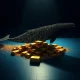 Digital blockchain whale moving away from dissolving gold bars, representing the $40M Tether Gold and PAXG sell-off.