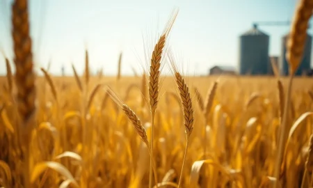 Wheat field with price data showing midday decline in wheat futures markets