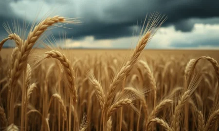 Wheat field under stormy skies symbolizes the March 2026 commodity market downturn and price pressure.