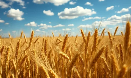 Golden wheat field under a clear sky, representing the commodity rally and midday gains on March 11, 2026.