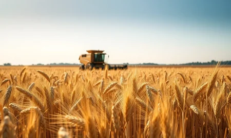 A combine harvester works in a field of ripe wheat under a blue sky.