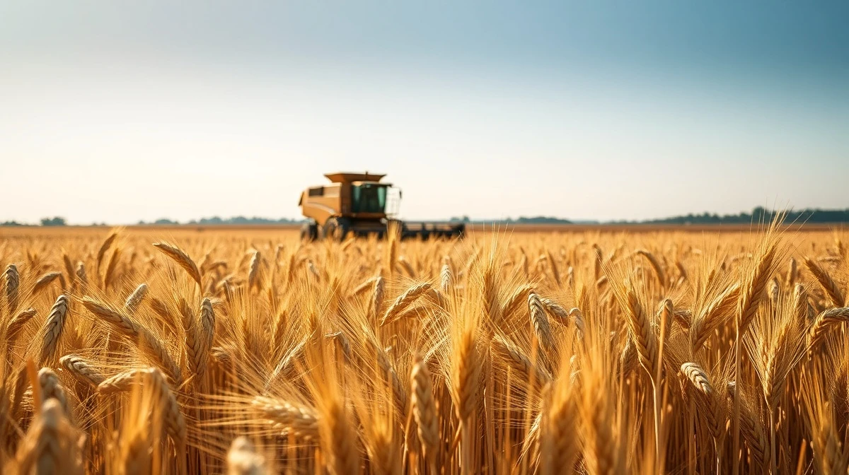 A combine harvester works in a field of ripe wheat under a blue sky.