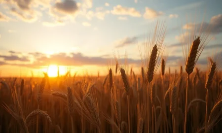 A golden wheat field under a sunset sky, representing agricultural commodity markets.