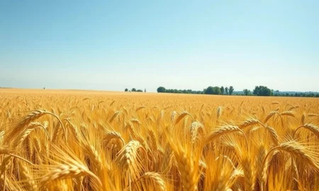 A thriving wheat field under a clear sky, representing the strong commodity rally and agricultural market conditions in March 2026.